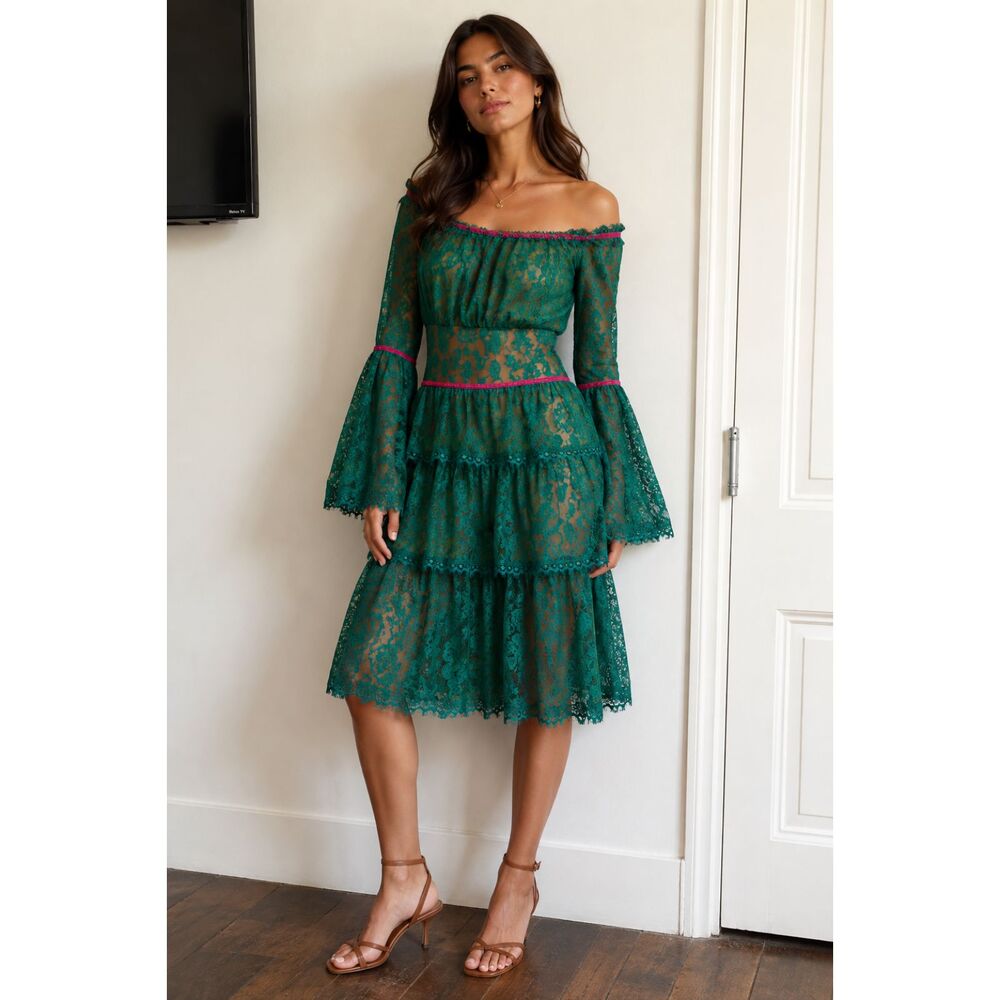 TADASHI SHOJI Lace Tiered Mini‎ Dress Green Sz 2